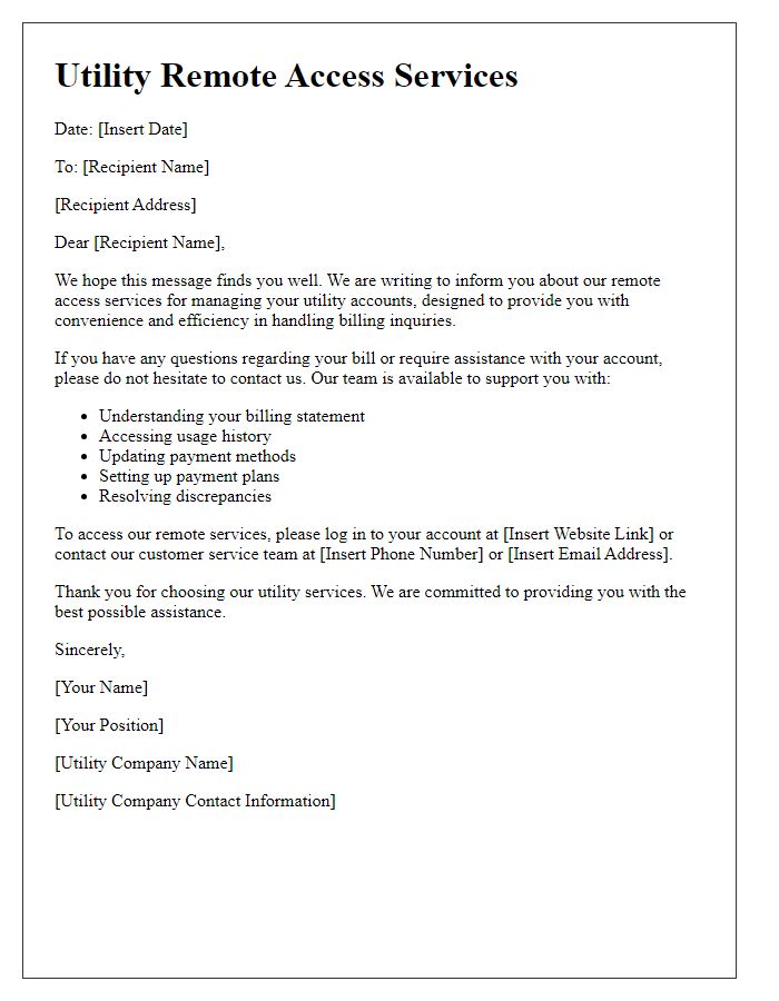 Letter template of utility remote access services for billing inquiries.