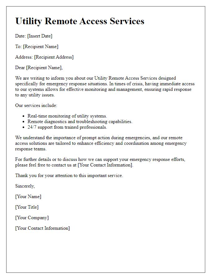 Letter template of utility remote access services for emergency response.