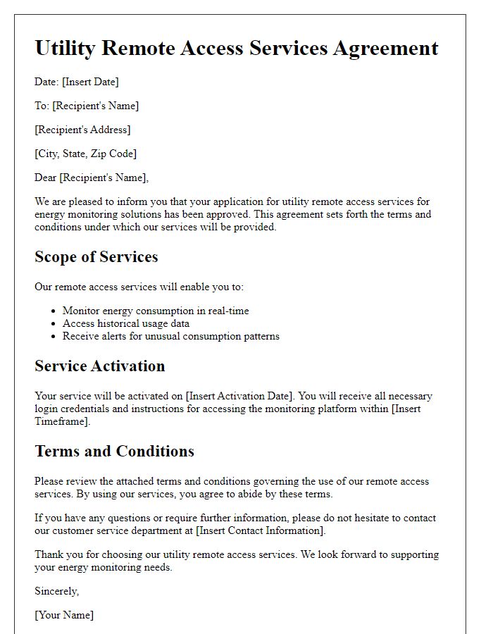 Letter template of utility remote access services for energy monitoring solutions.