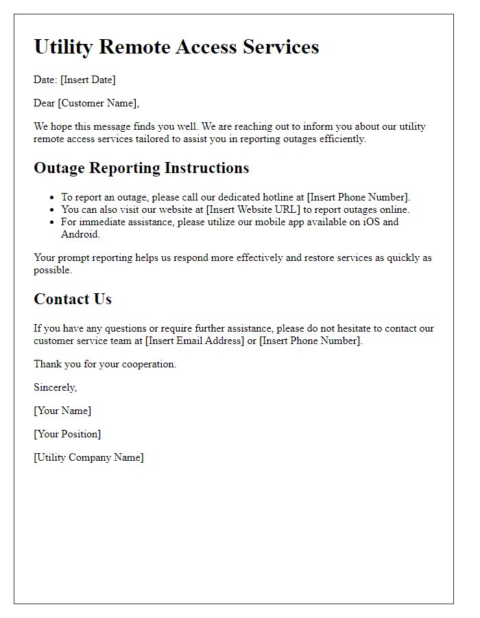 Letter template of utility remote access services for outage reporting.