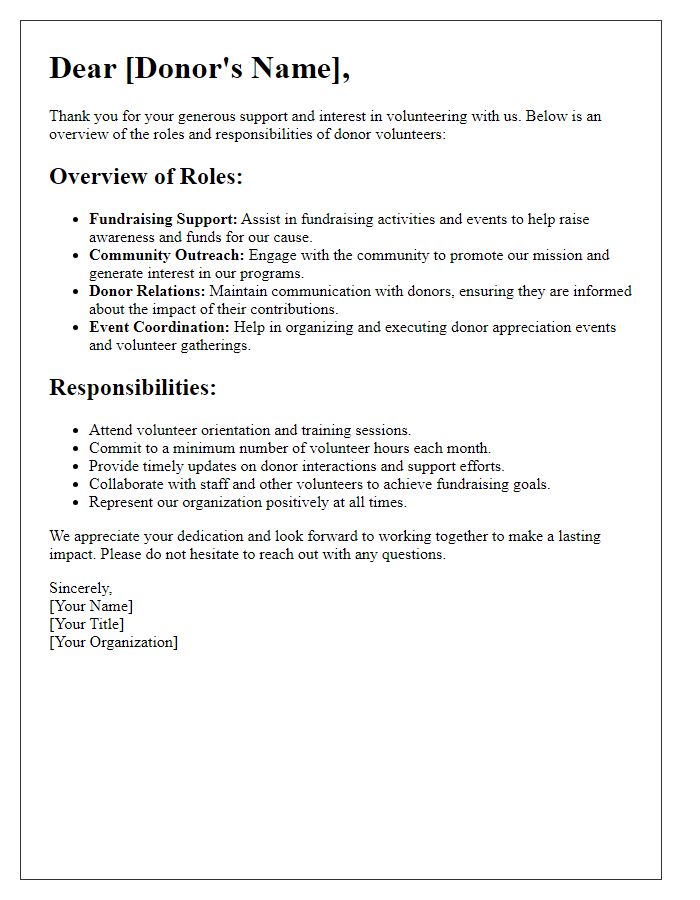 Letter template of overview for donor volunteer roles and responsibilities