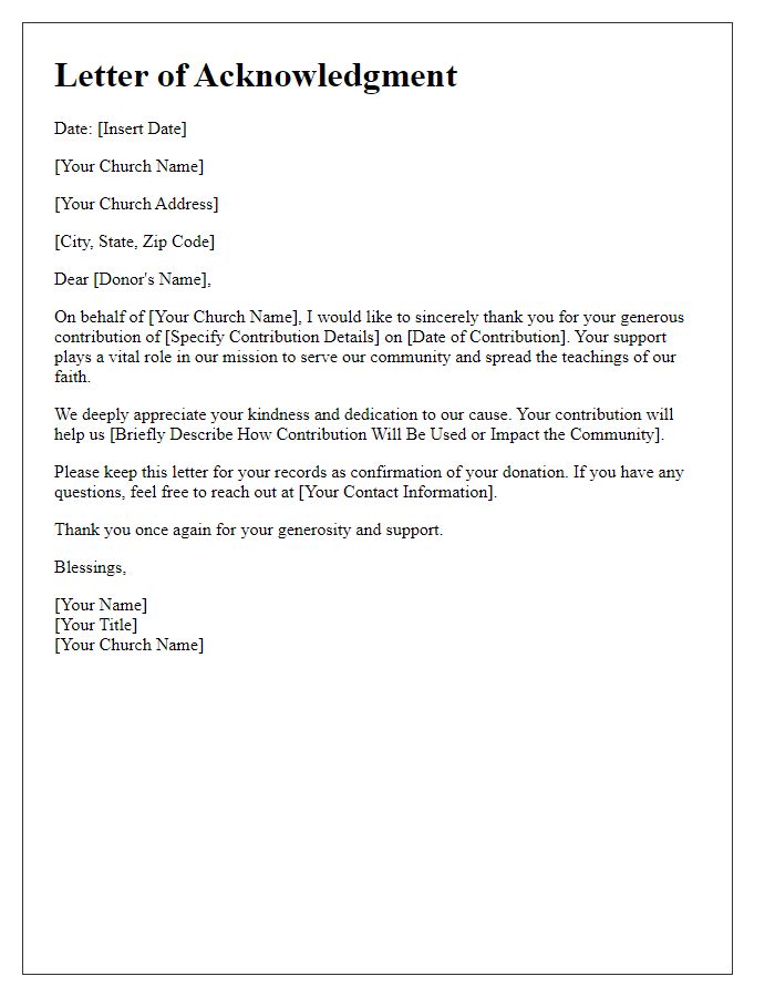 Letter template of acknowledgment for your kind church contribution