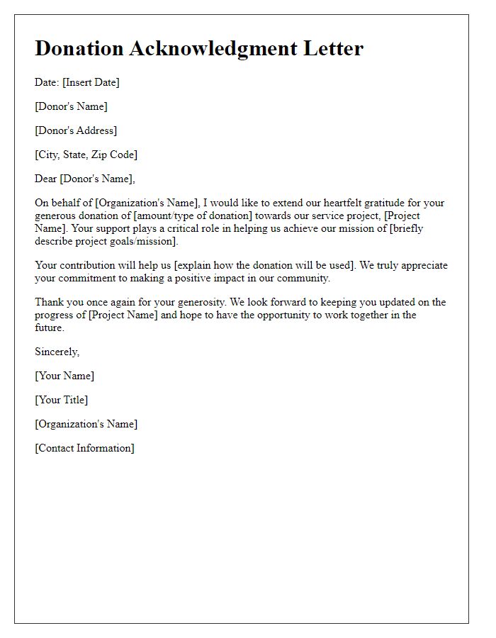 Letter template of service project donation acknowledgment