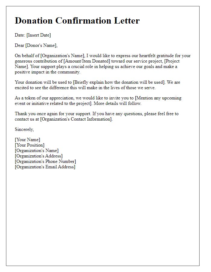 Letter template of service project donation confirmation