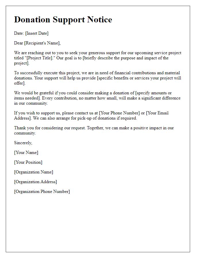 Letter template of service project donation support notice