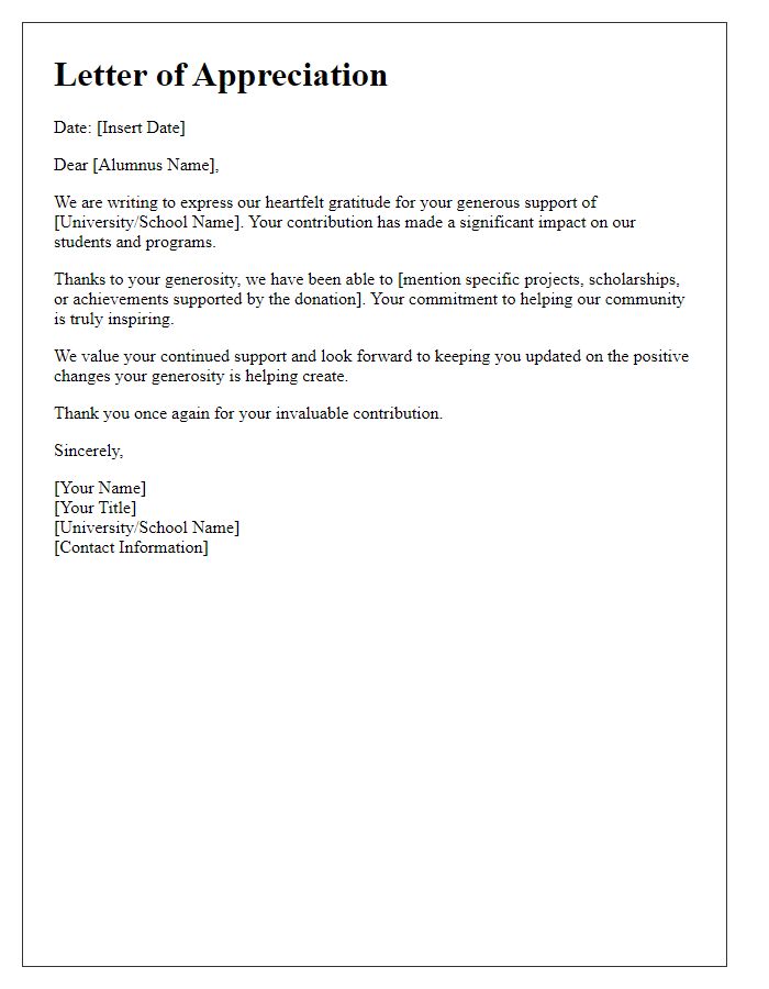 Letter template of appreciation for your generous alumni support