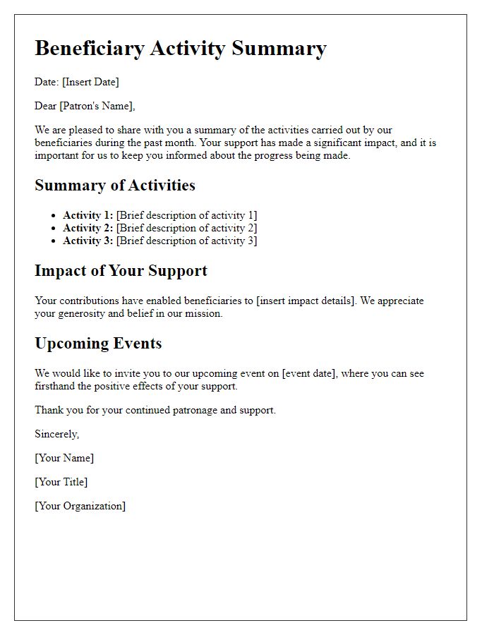 Letter template of beneficiary activity summary for patrons