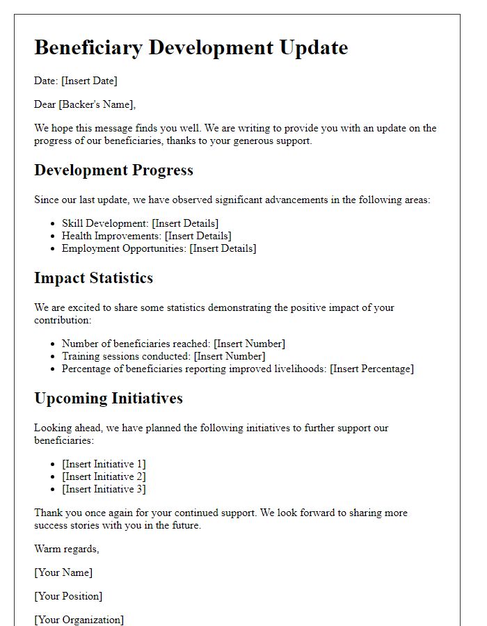 Letter template of beneficiary development update for backers