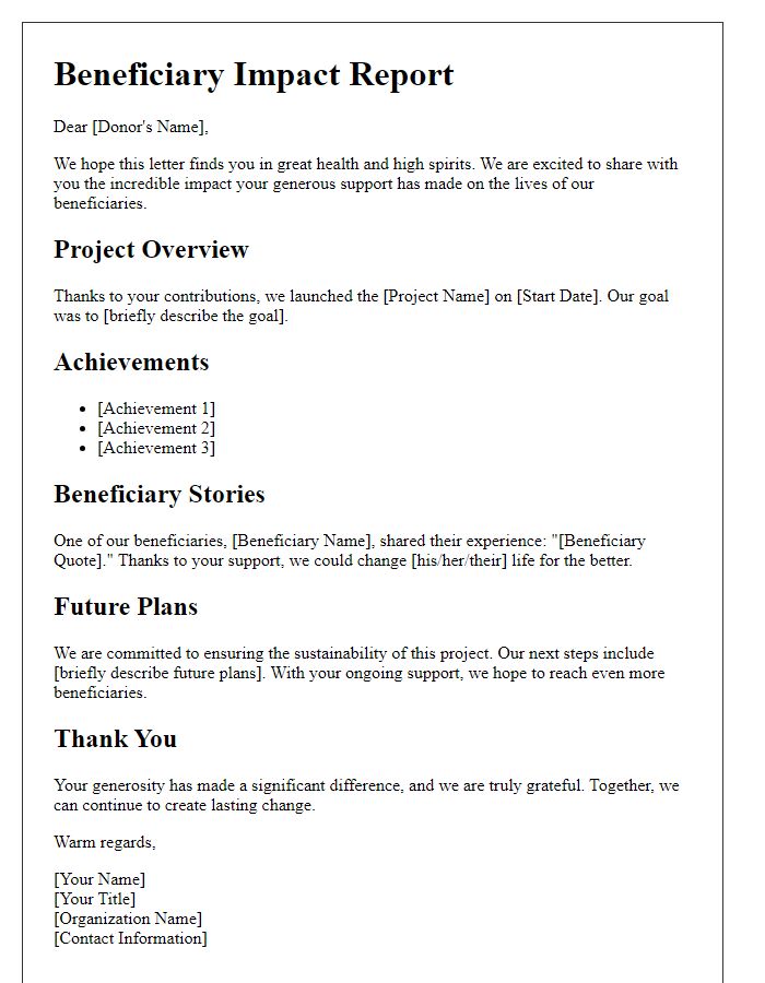 Letter template of beneficiary impact report to donors