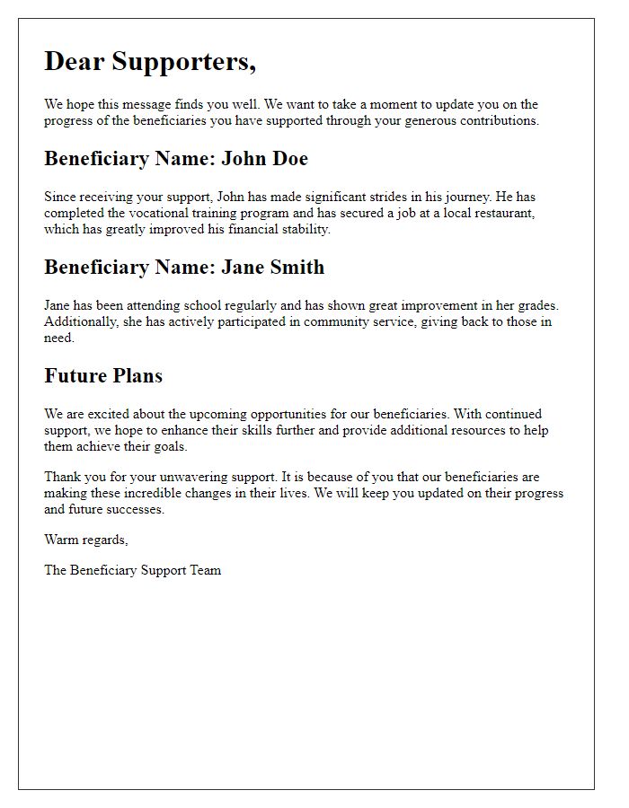 Letter template of beneficiary progress update to supporters