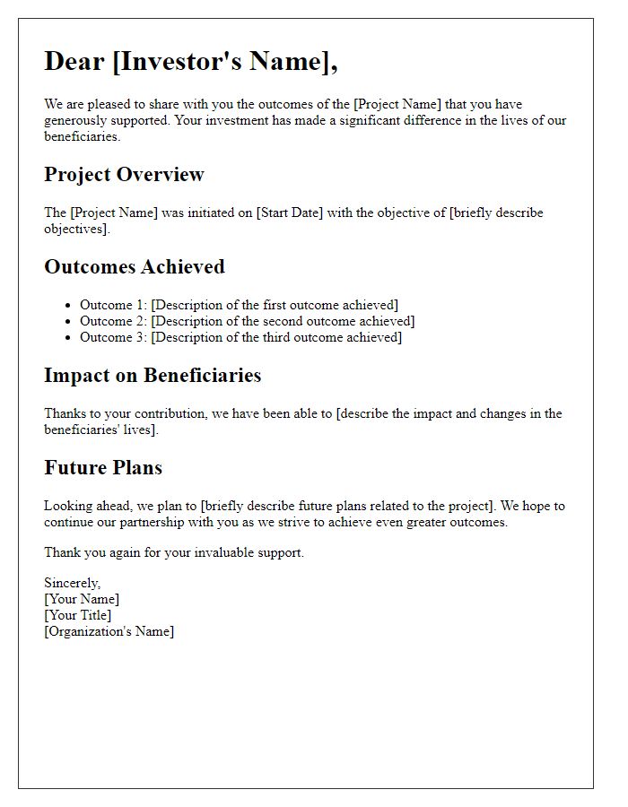 Letter template of beneficiary project outcomes for investors