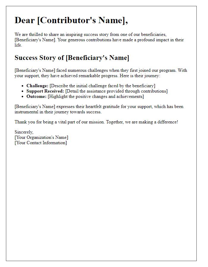 Letter template of beneficiary success stories for contributors