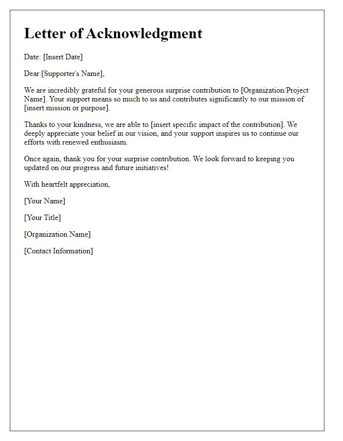 Letter template of acknowledgment for surprise contributions from supporters