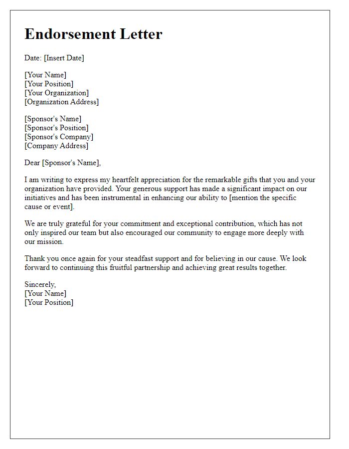 Letter template of endorsement for remarkable gifts from sponsors