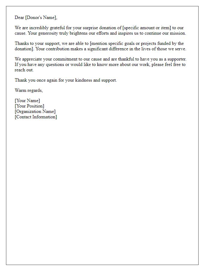 Letter template of thank you for surprise donations to our cause