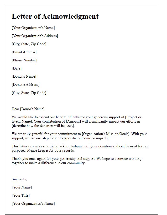 Letter template of acknowledgment for donor support