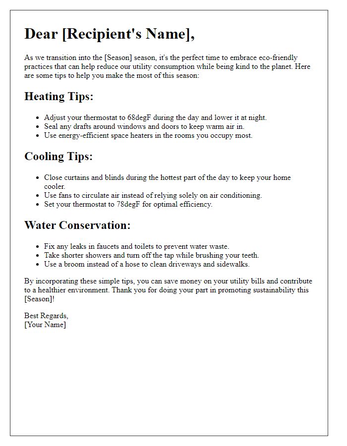 Letter template of eco-friendly tips for seasonal utility use.