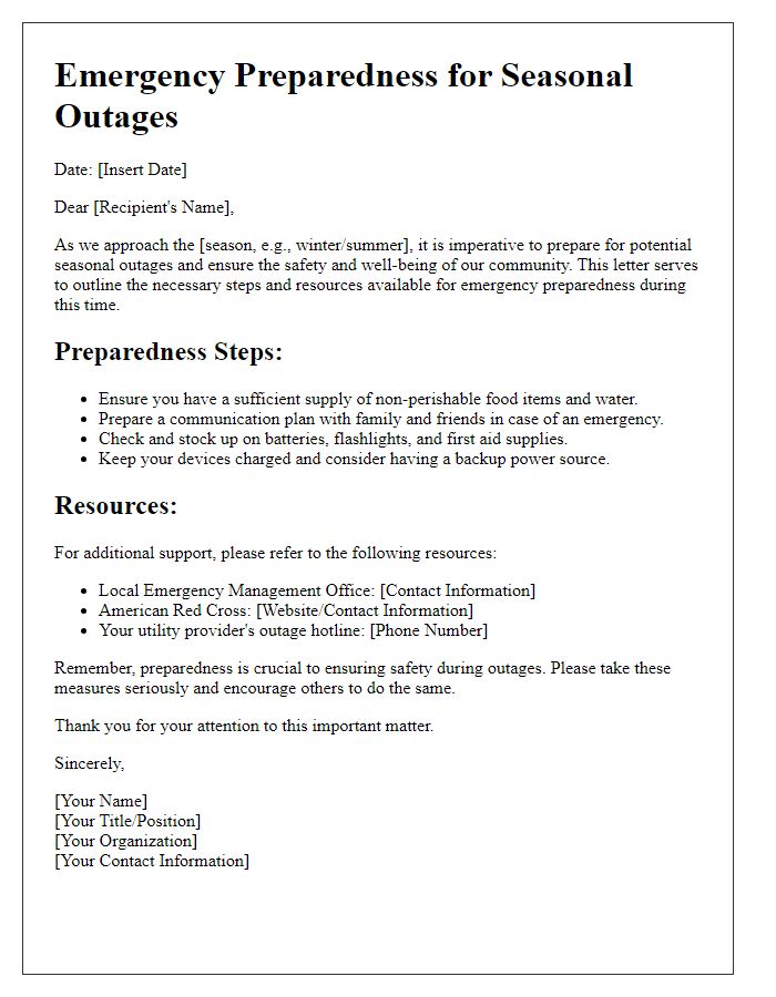 Letter template of emergency preparedness for seasonal outages.