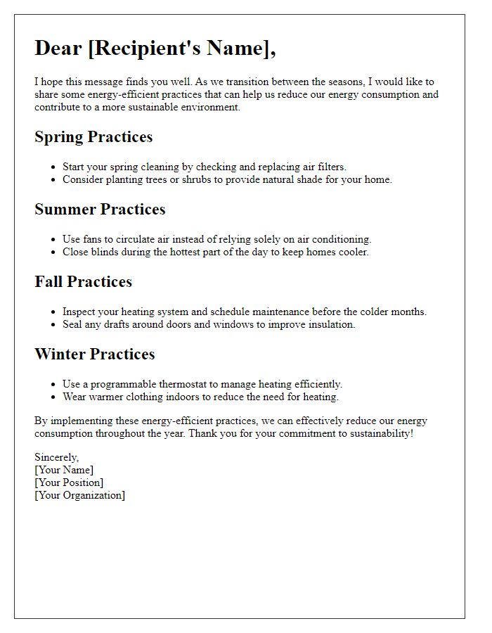 Letter template of energy-efficient practices for all seasons.