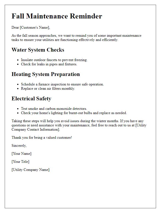 Letter template of fall maintenance reminders for utilities.