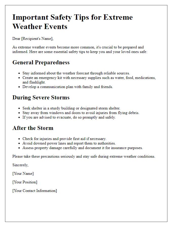 Letter template of safety tips for extreme weather events.