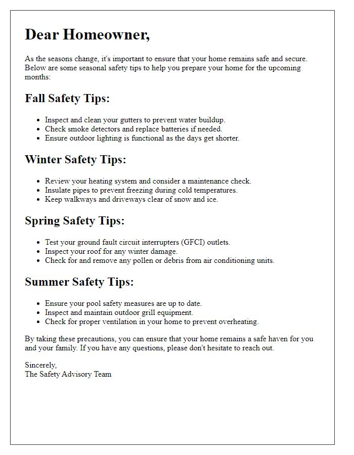 Letter template of seasonal safety tips for homeowners.