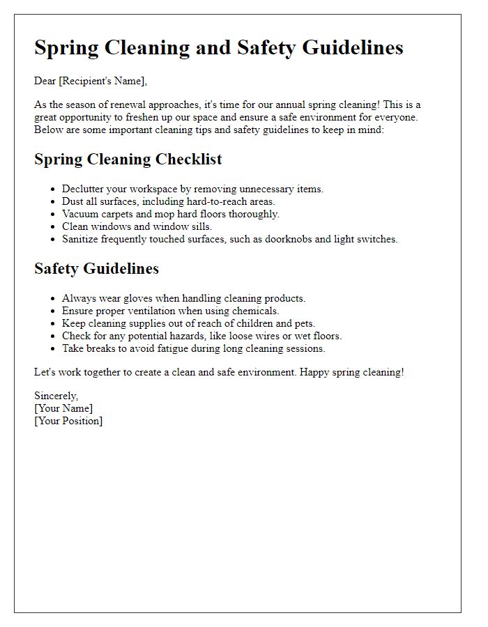 Letter template of spring cleaning and safety guidelines.