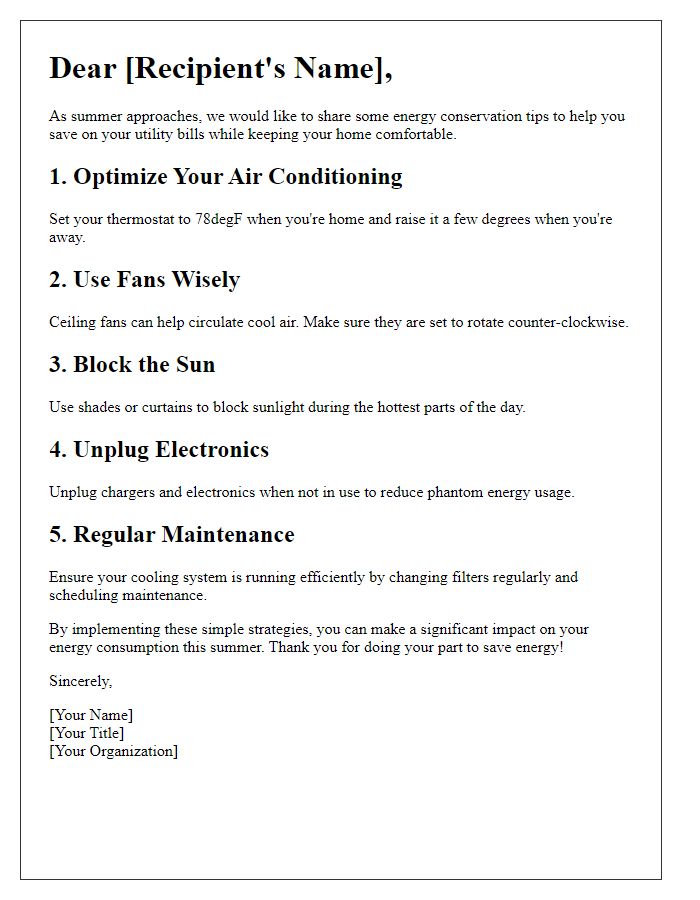 Letter template of summer energy conservation advice.