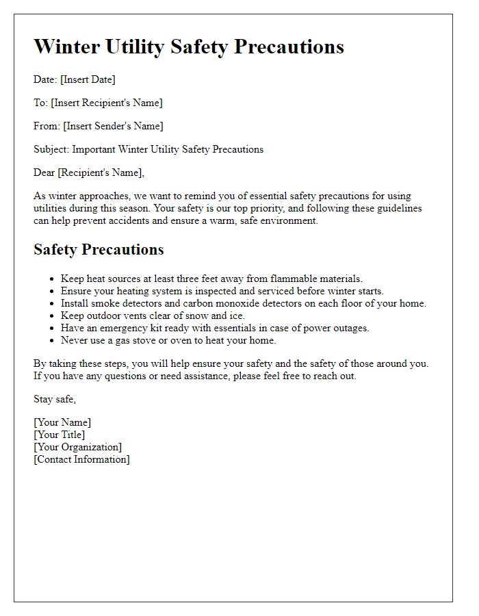 Letter template of winter utility safety precautions.