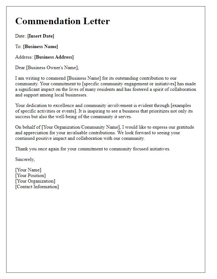 Letter template of commendation for community-focused businesses