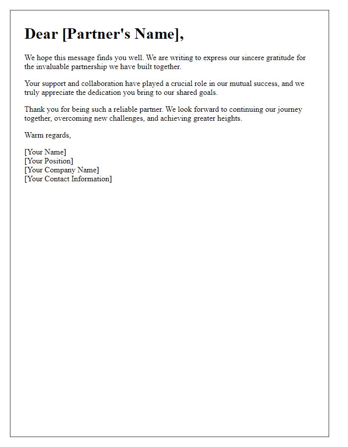 Letter template of heartfelt thanks to our business partners