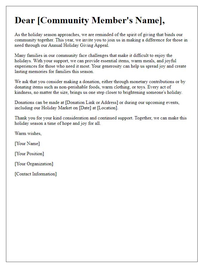 Letter template of community holiday giving appeal