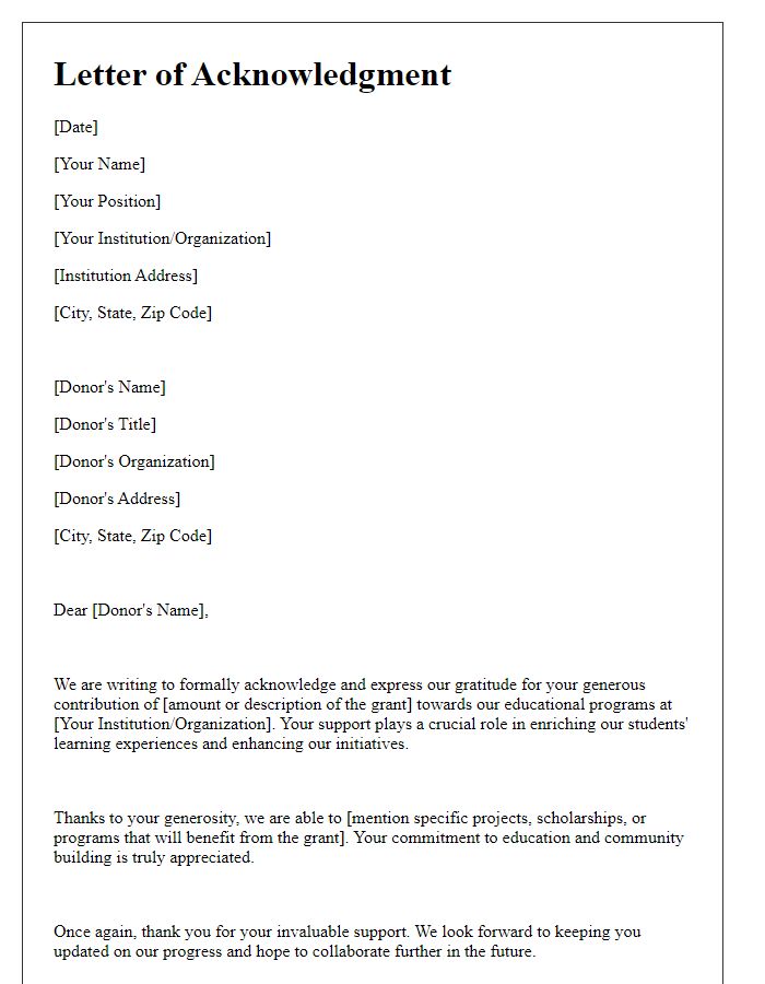 Letter template of acknowledgment for educational grant contributions