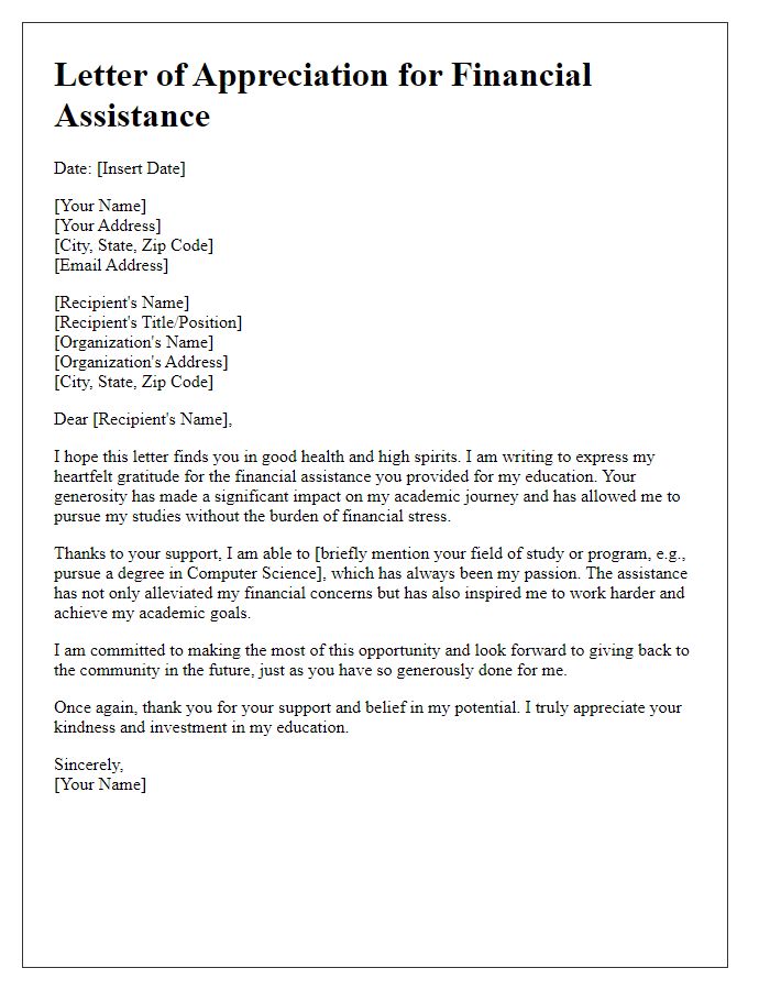 Letter template of appreciation for financial assistance in education