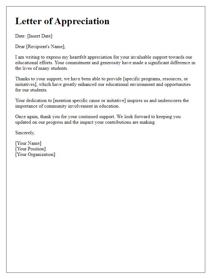 Letter template of appreciation for support towards educational efforts