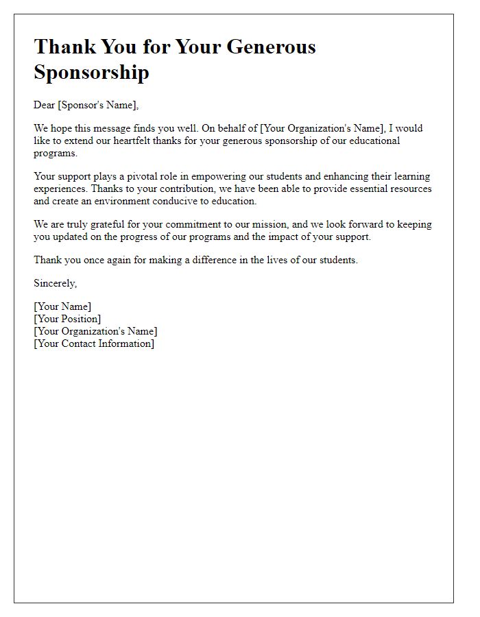 Letter template of thanks for sponsorship of educational programs