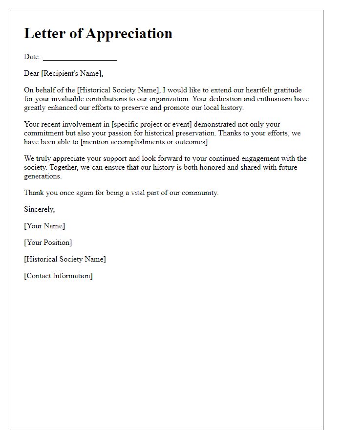 Letter template of appreciation for contributing to the historical society