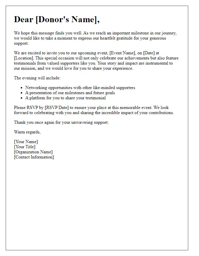 Letter template of donor milestone testimonial invitation