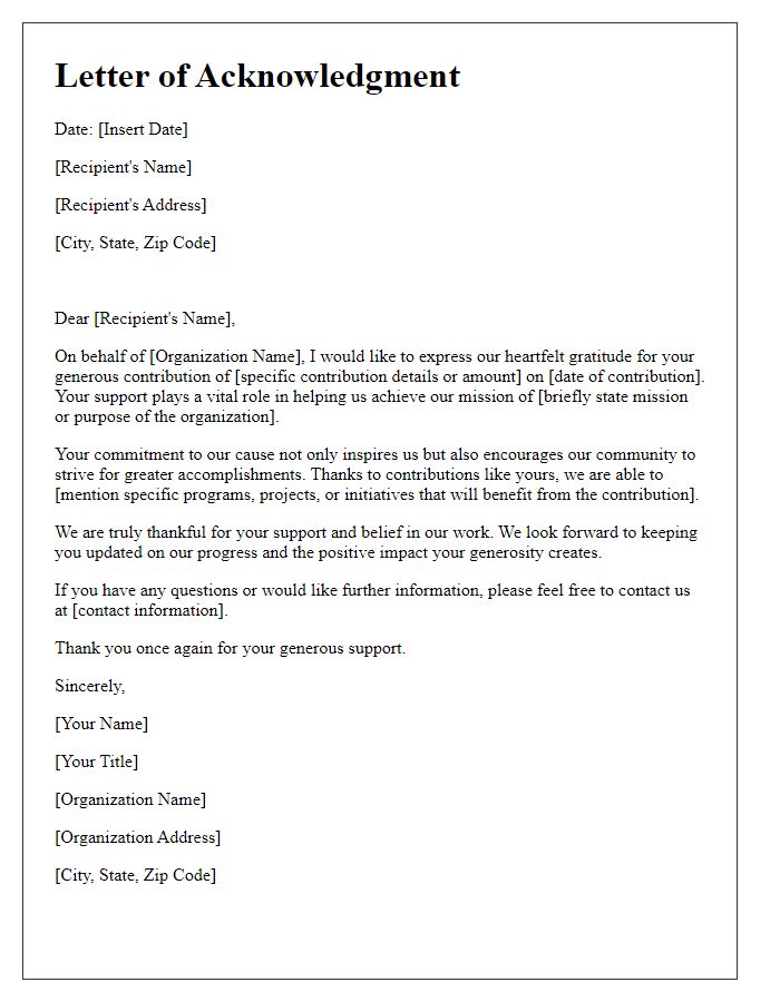 Letter template of acknowledgment for generous contributions to our organization