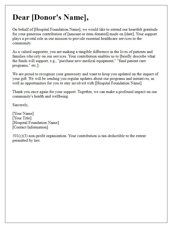 Letter template of hospital foundation charitable contribution recognition