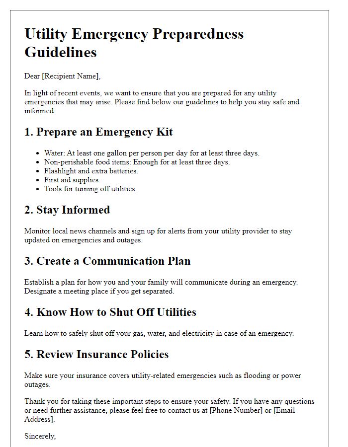 Letter template of utility emergency preparedness guidelines