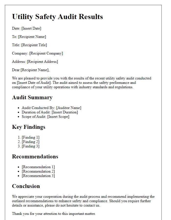 Letter template of utility safety audit results