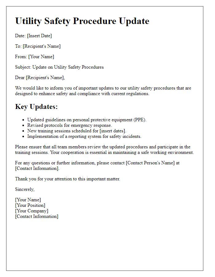 Letter template of utility safety procedure updates