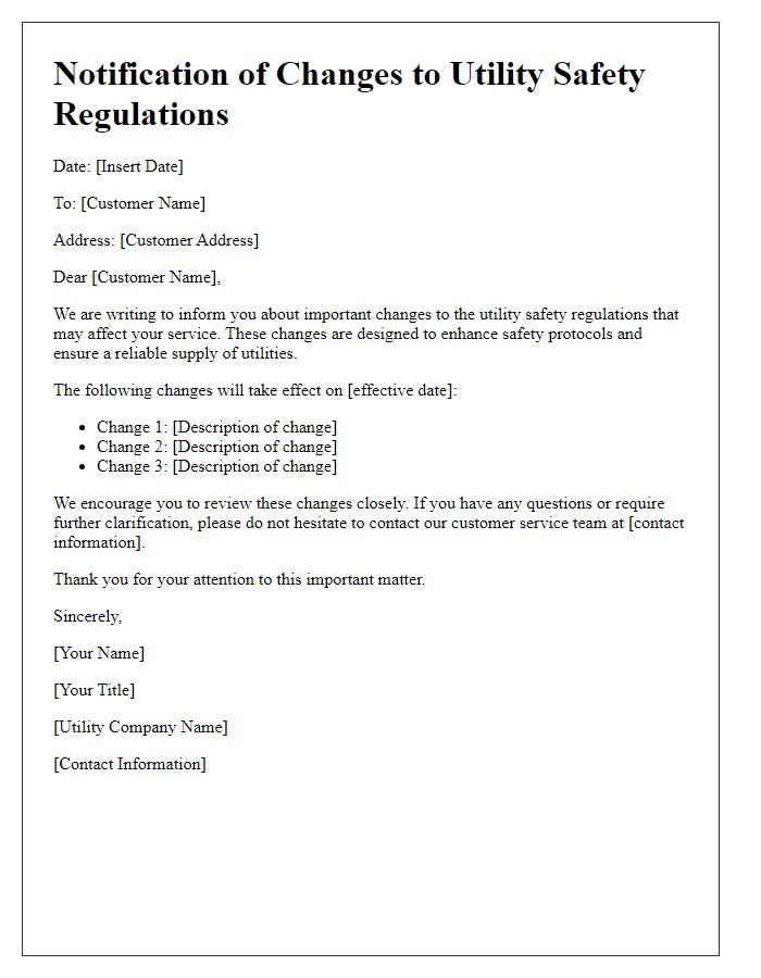 Letter template of utility safety regulation changes notification