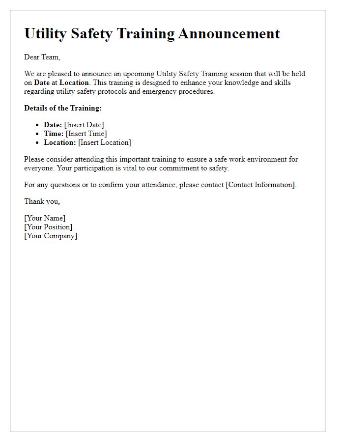 Letter template of utility safety training announcement