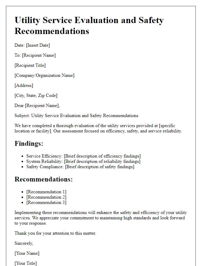 Letter template of utility service evaluation and safety recommendations