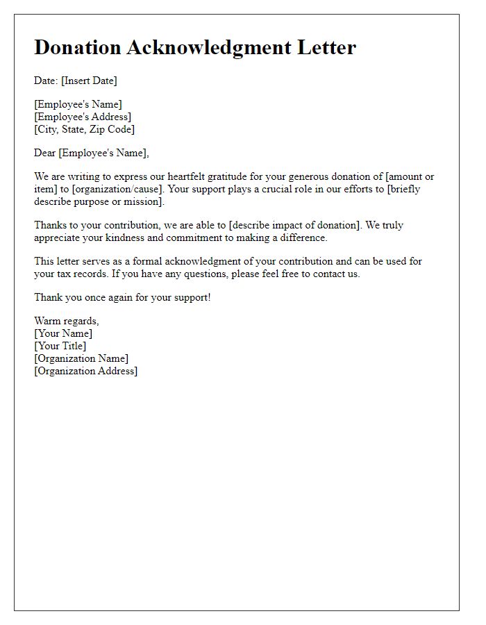 Letter template of Employee Donation Acknowledgment