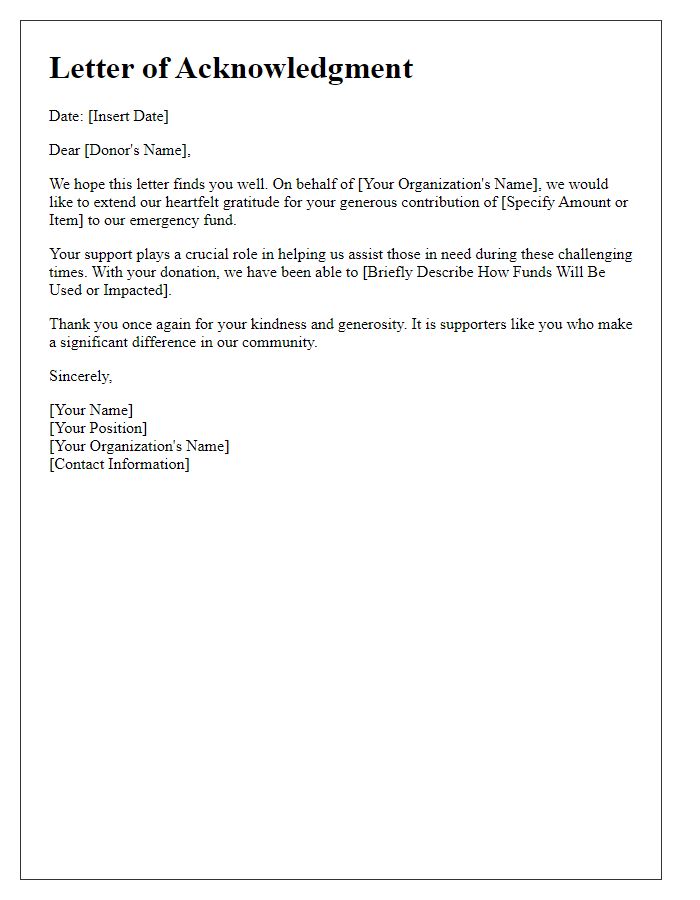 Letter template of acknowledgment for emergency fund generosity.