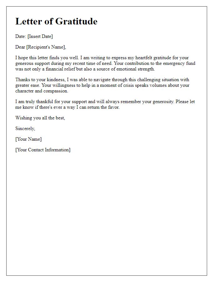 Letter template of gratitude for support in emergency fund.