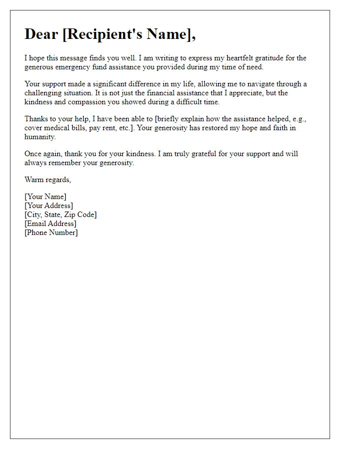 Letter template of heartfelt thanks for emergency fund assistance.